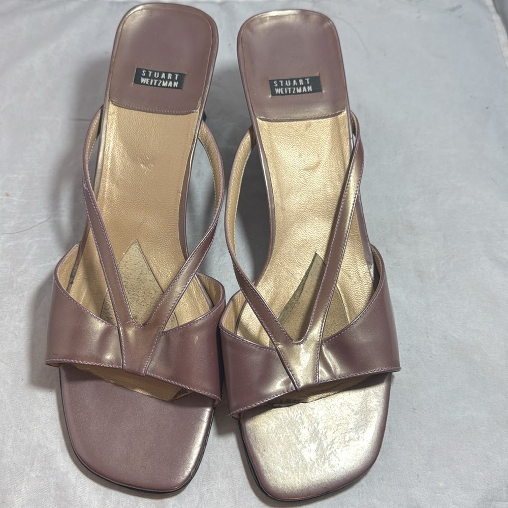 Stuart Weitzman lilac Metalic open toe square heel slides size 10